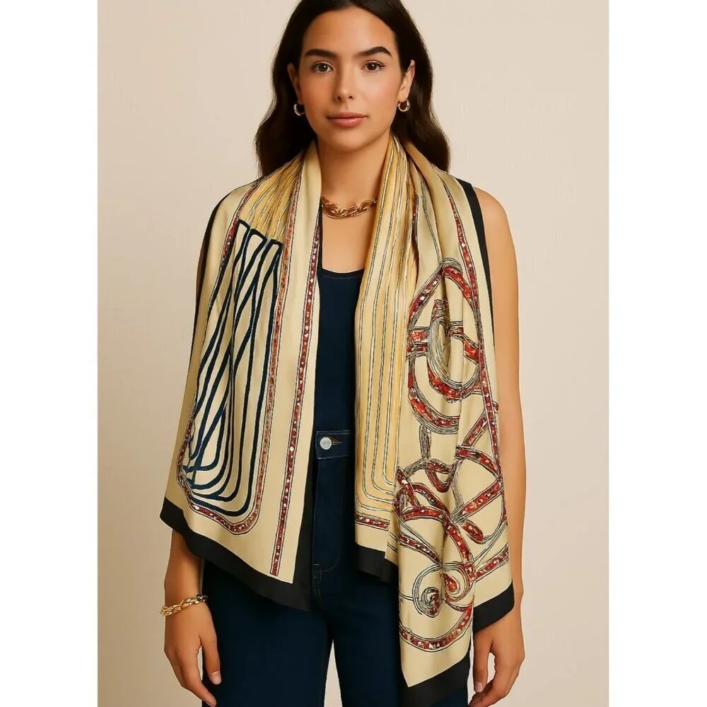 Designer Silk Scarf Beige Gold Red Navy Women’s Equestrian Print Chic Luxury